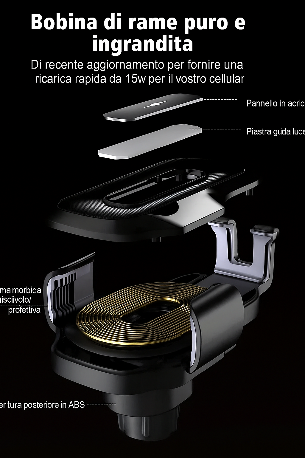 CARICABATTERIE AUTO WIRELESS 15W – TECNOLOGIA A INDUZIONE + FISSAGGIO AUTOMATICO 🚗📱