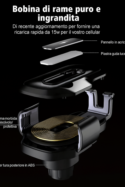CARICABATTERIE AUTO WIRELESS 15W – TECNOLOGIA A INDUZIONE + FISSAGGIO AUTOMATICO 🚗📱